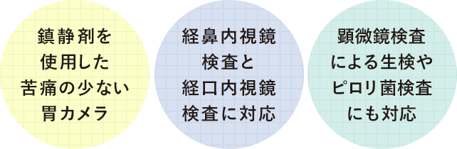 鎮静剤を 使用した 苦痛の少ない 胃カメラ 経鼻内視鏡 検査と 経口内視鏡 検査に対応 顕微鏡検査 による生検や ピロリ菌検査 にも対応